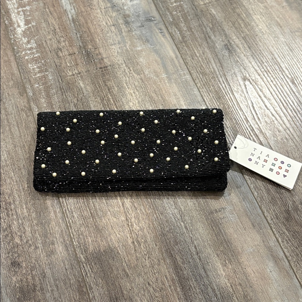Tiana NY Beaded Clutch black with pearls NEW